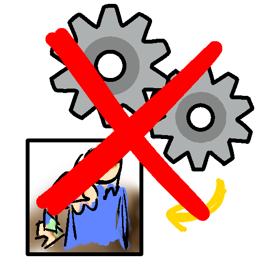 a cartoony drawing of two interlocking gray metal gears with a yellow arrow under them pointing to an ambiguous drawing resembling a caucasian person wearing a blue shirt holding something. the whole drawing has a big red x over it